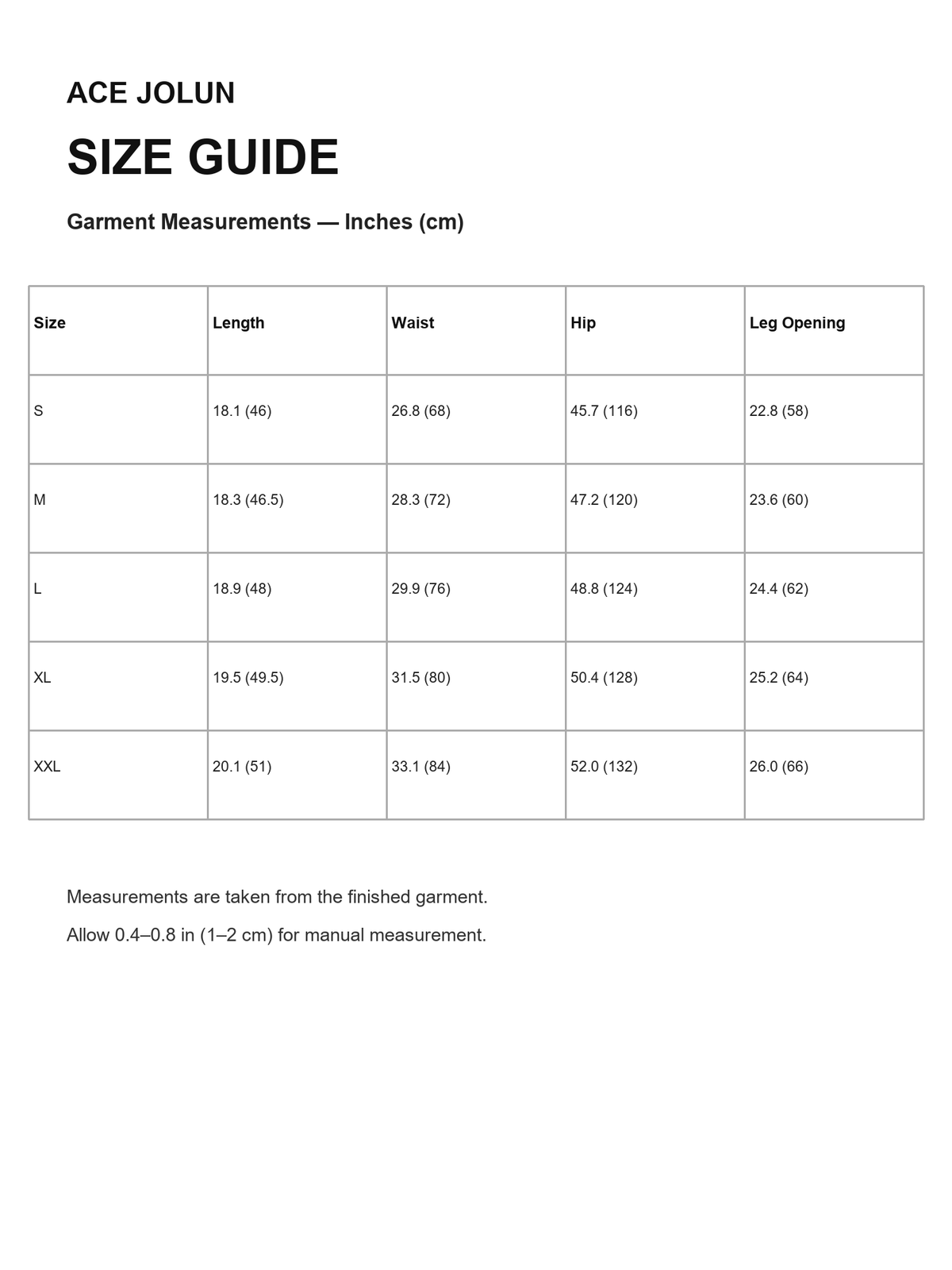 Ace Jolun size guide for Raw-Hem Relaxed Sweat Shorts