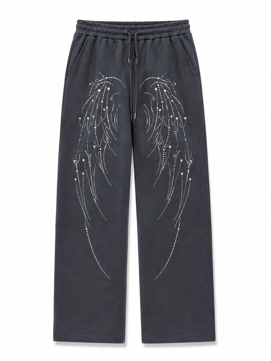 Charcoal rhinestone angel-wing sweatpants back view