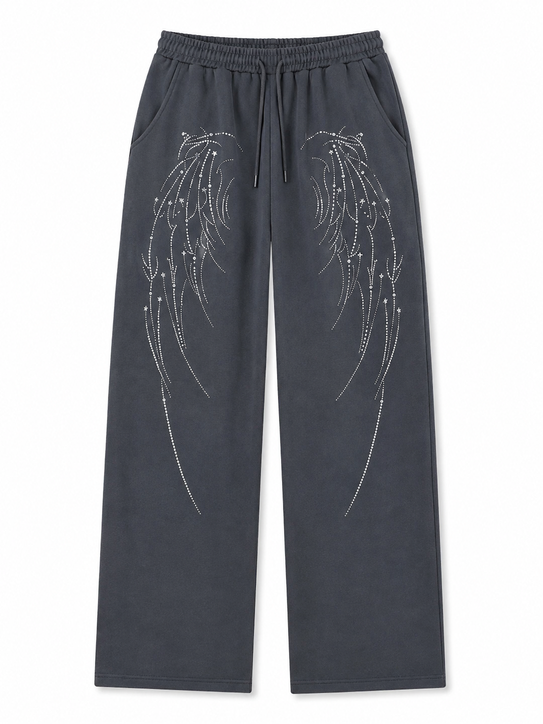 Charcoal rhinestone angel-wing straight-leg sweatpants full view