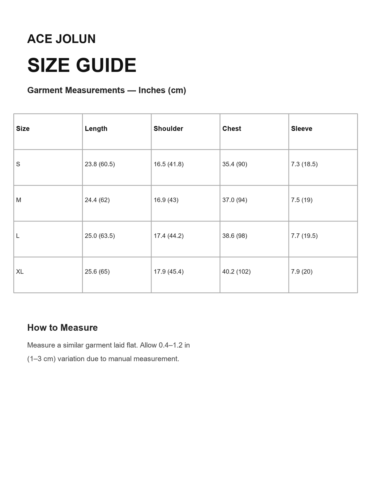 Ace Jolun size guide for Rhinestone Flag Graphic Tee