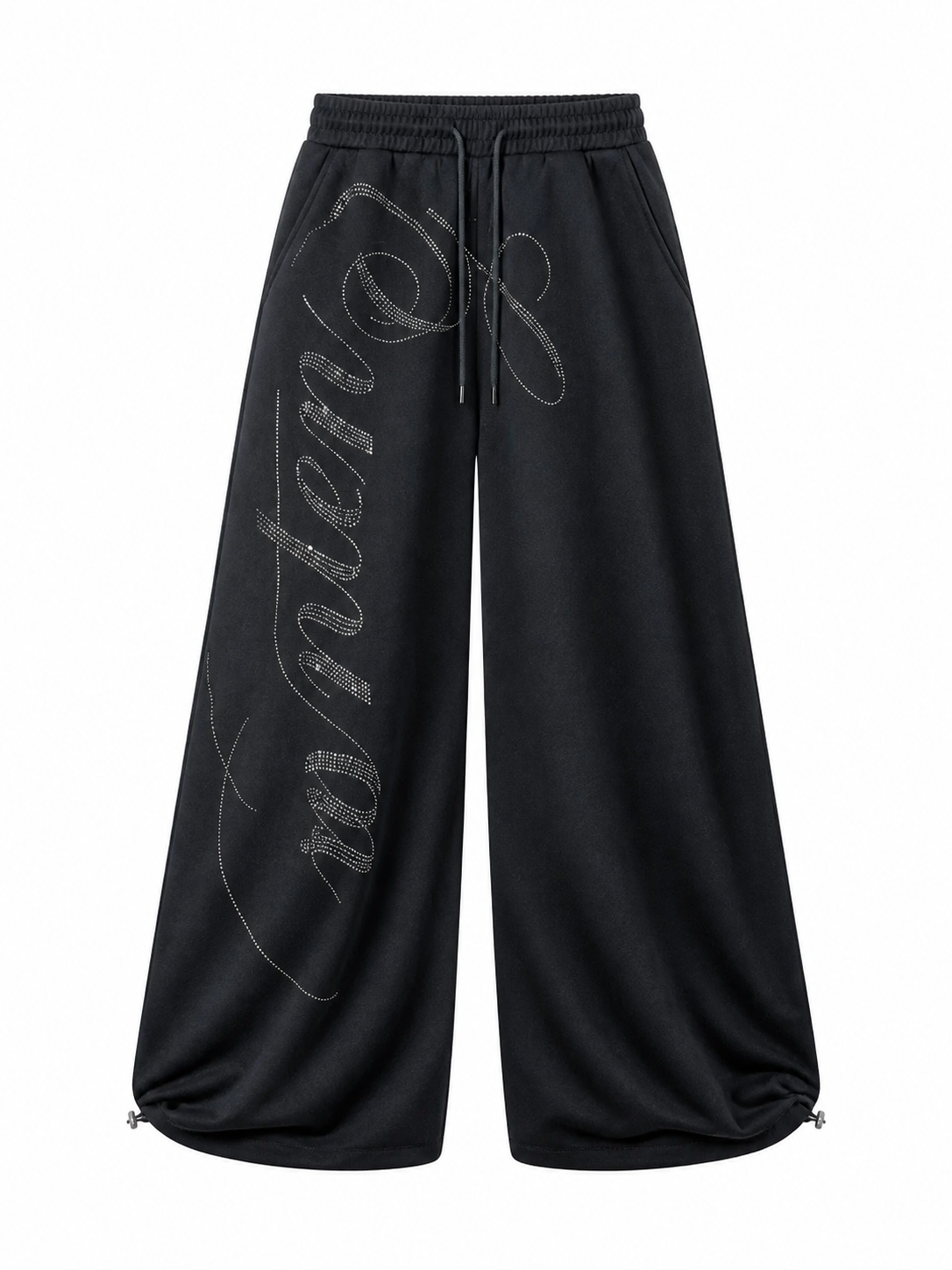 Black rhinestone script wide-leg sweatpants front view