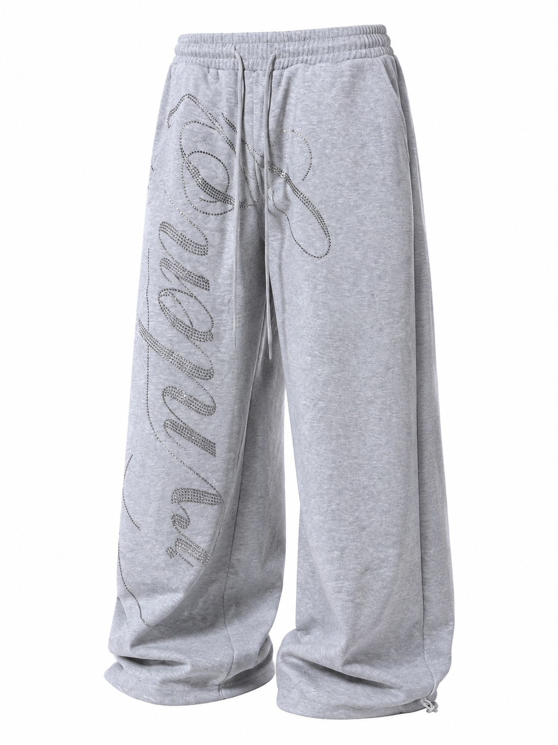 Heather gray rhinestone sweatpants angled view