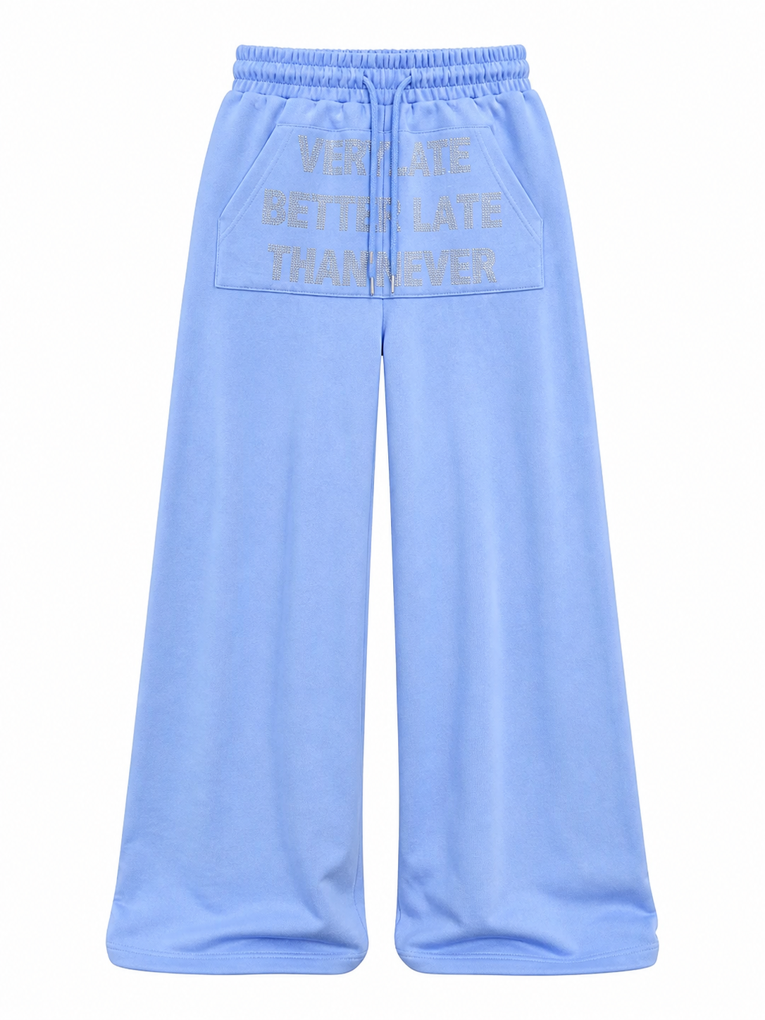 Light washed blue rhinestone slogan sweatpants front view