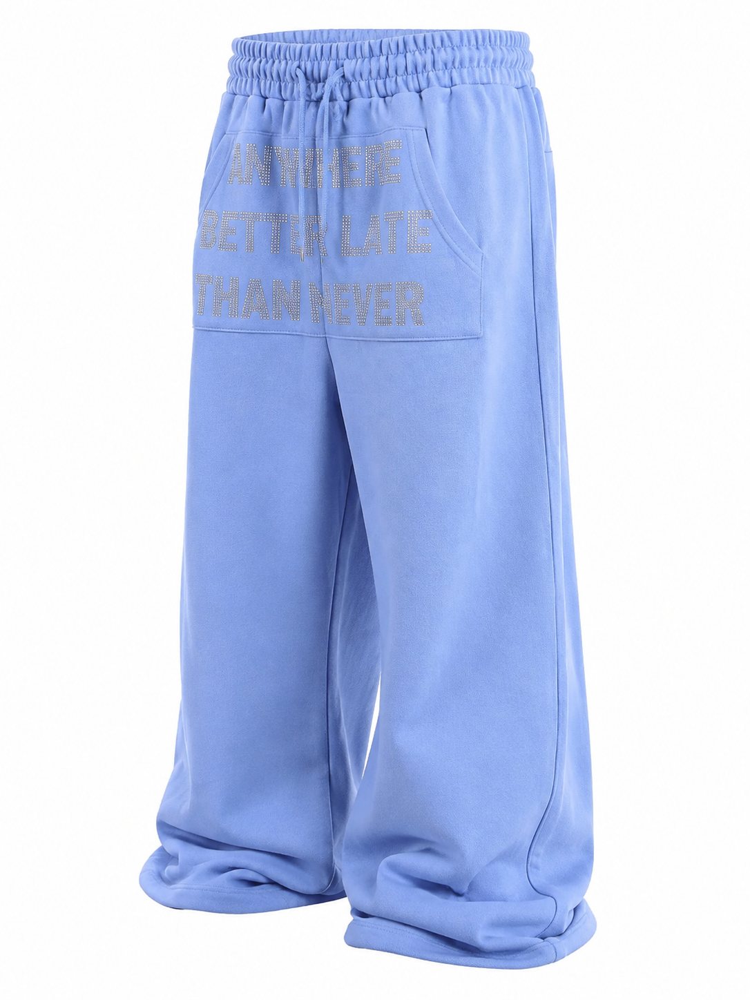 Blue rhinestone sweatpants angled view