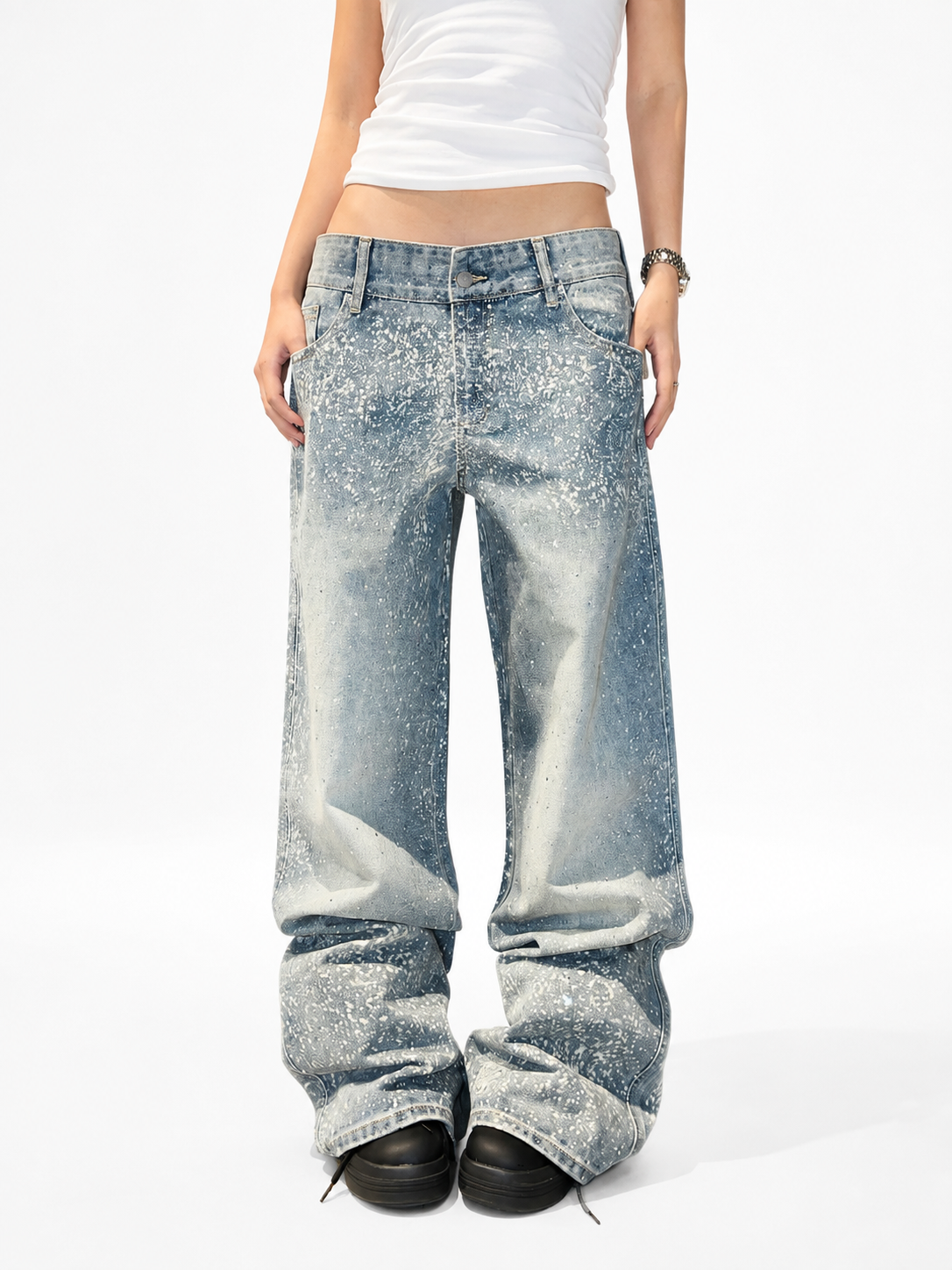 Light blue rhinestone spray wide-leg jeans front view