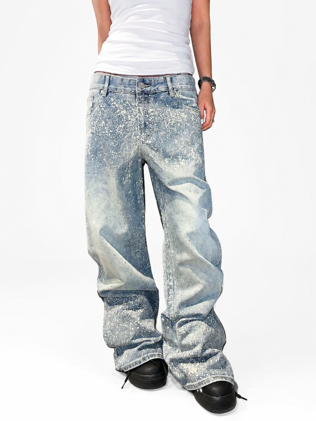 Light blue rhinestone spray jeans alternate front view
