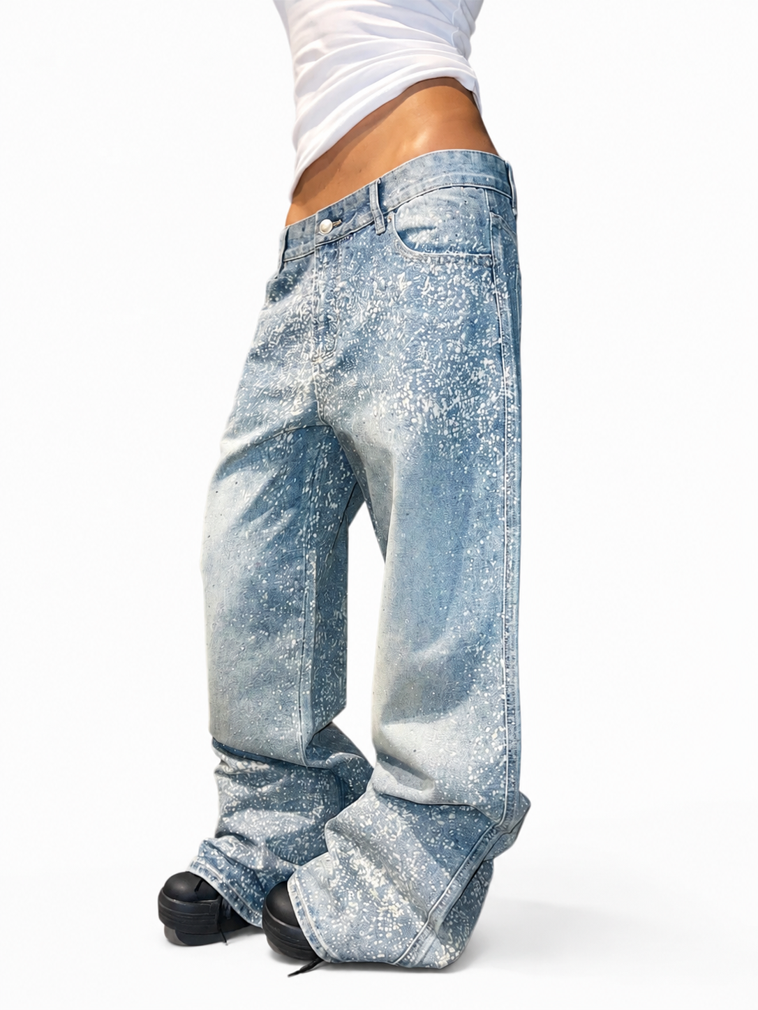 Light blue rhinestone spray jeans side view