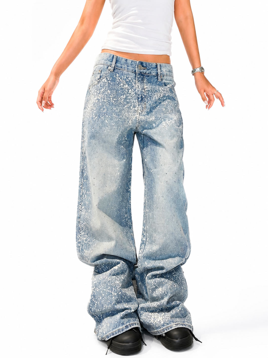 Light blue rhinestone spray jeans full front view