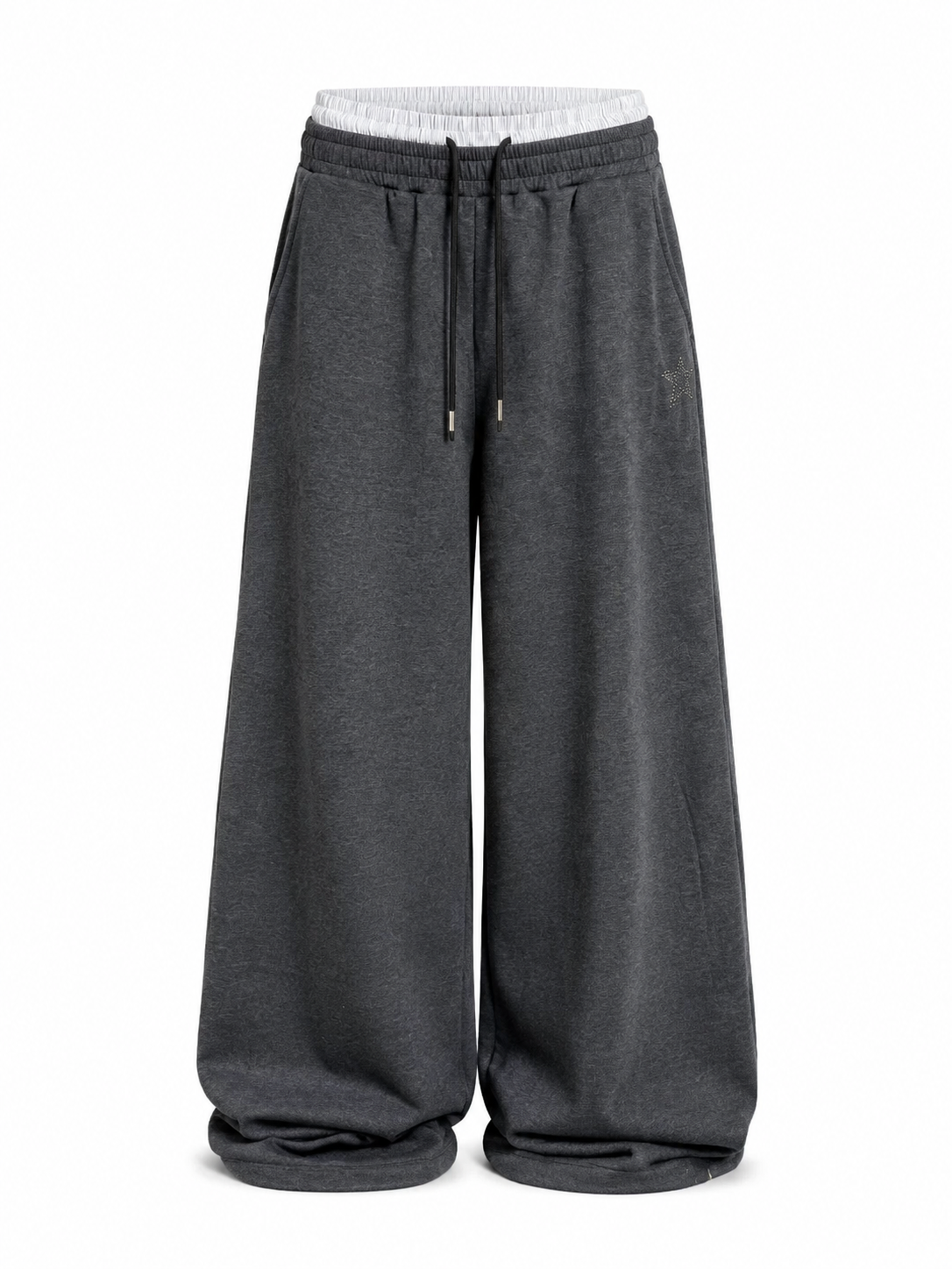 Charcoal rhinestone star double-waist ultra-wide-leg sweatpants front view