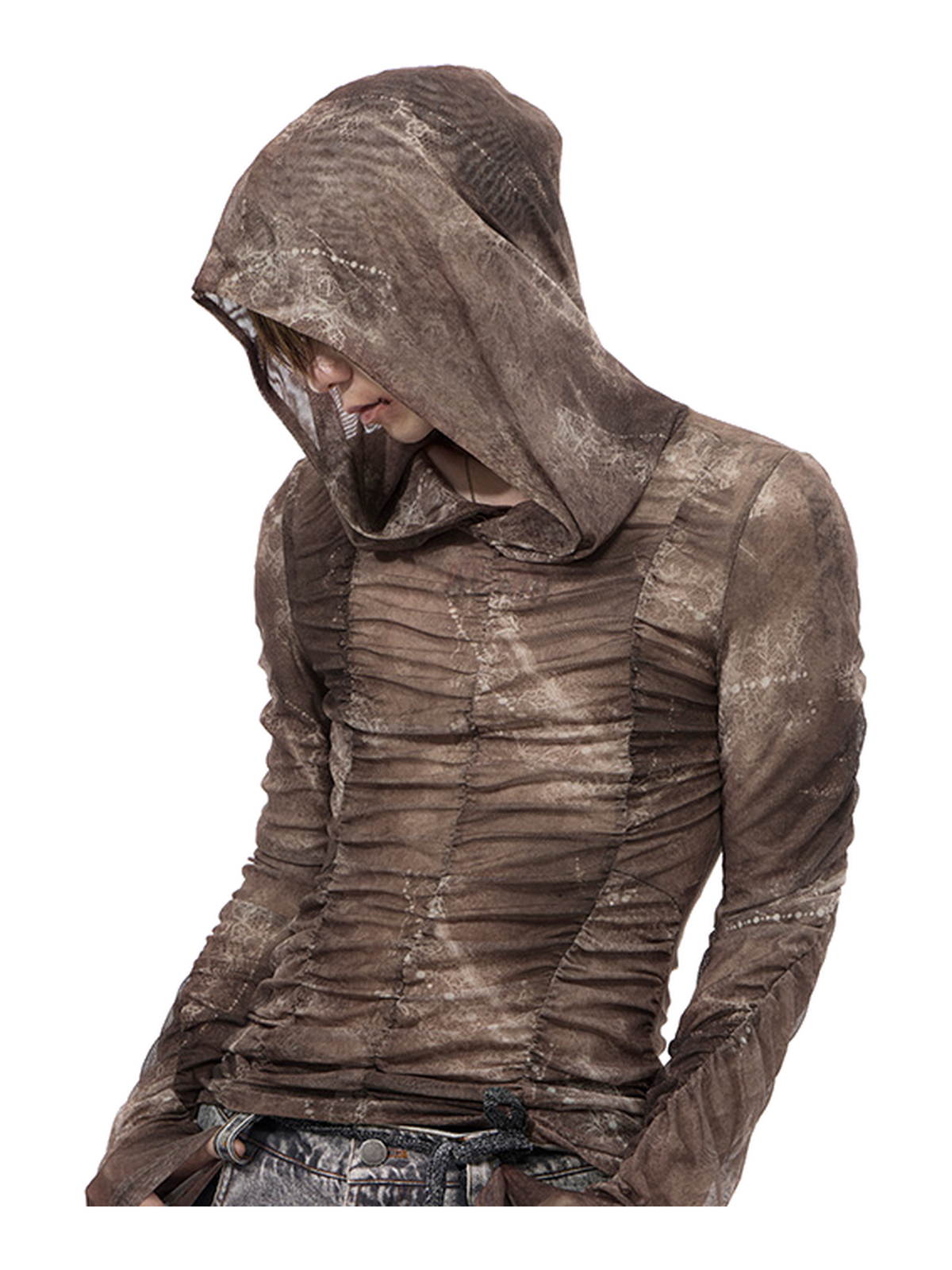 Ruched Sheer Hooded Long-Sleeve Top product view 3
