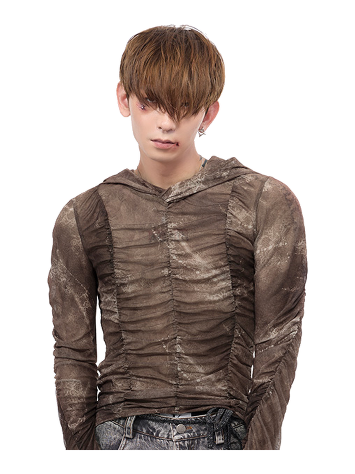 Ruched Sheer Hooded Long-Sleeve Top product view 5