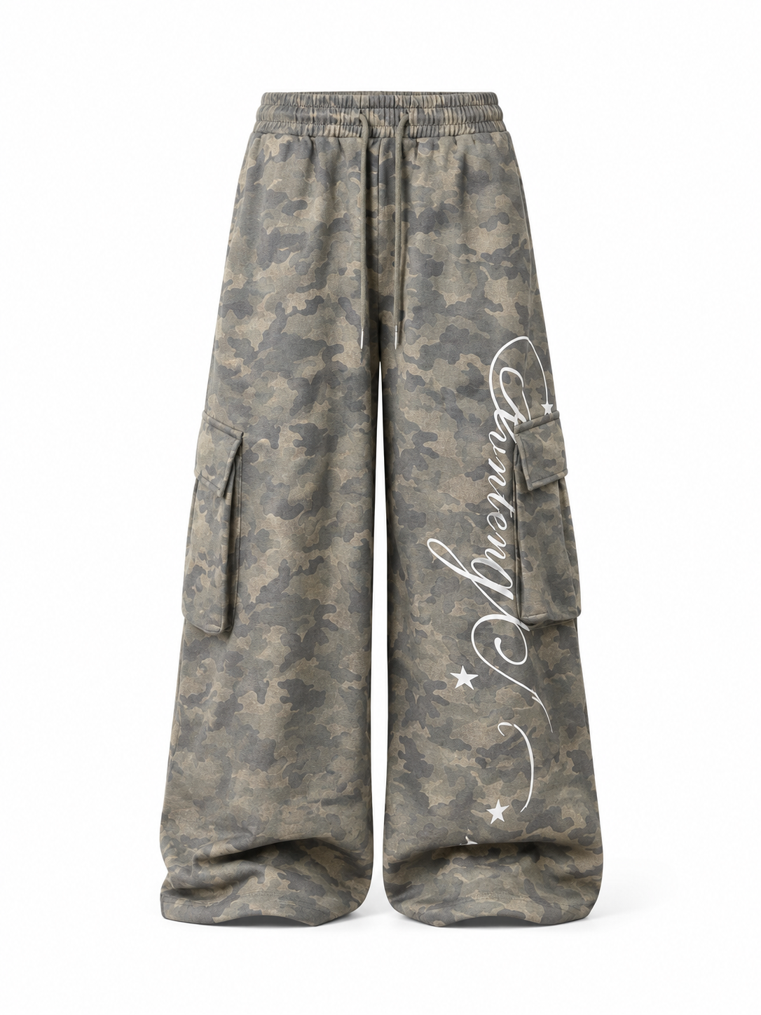 Faded olive camo script graphic wide-leg cargo sweatpants front view