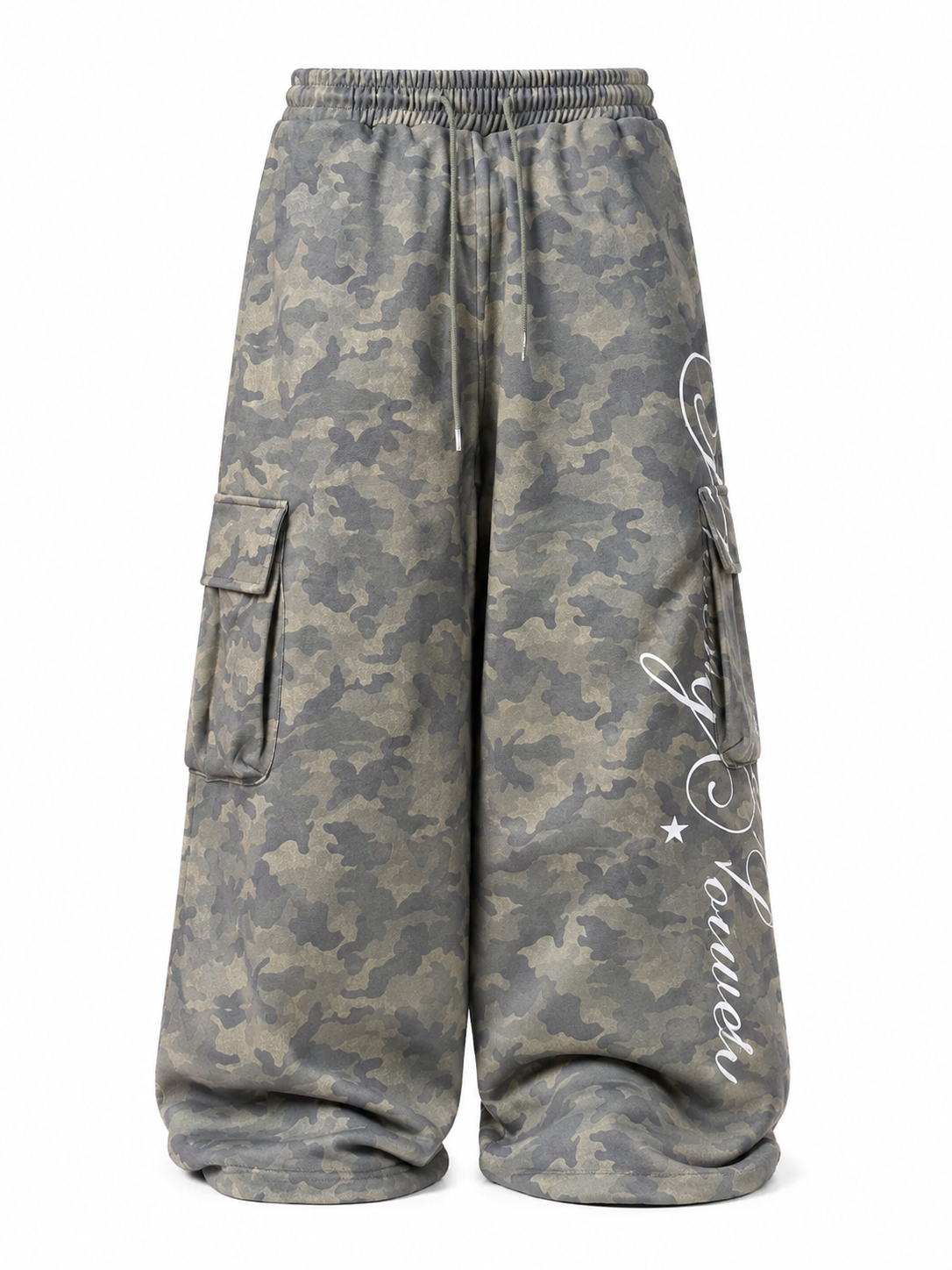 Faded olive camo cargo sweatpants full front view