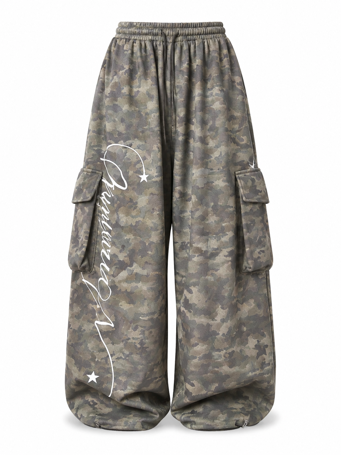 Faded olive camo cargo sweatpants side view