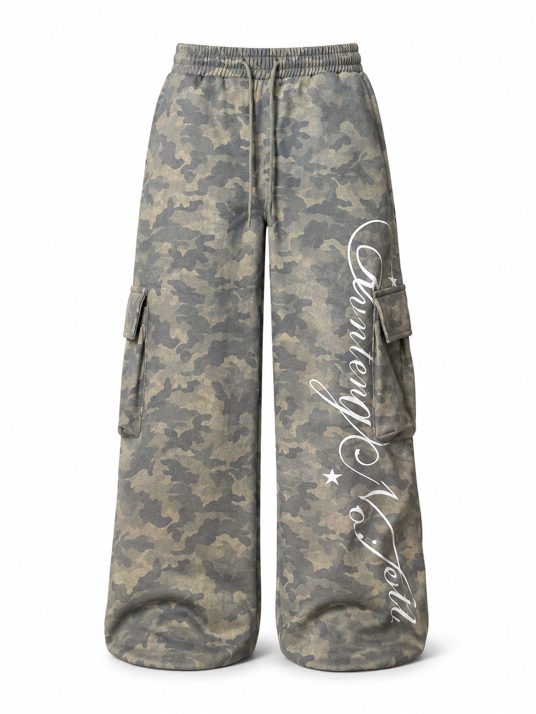 Faded olive camo script sweatpants front view
