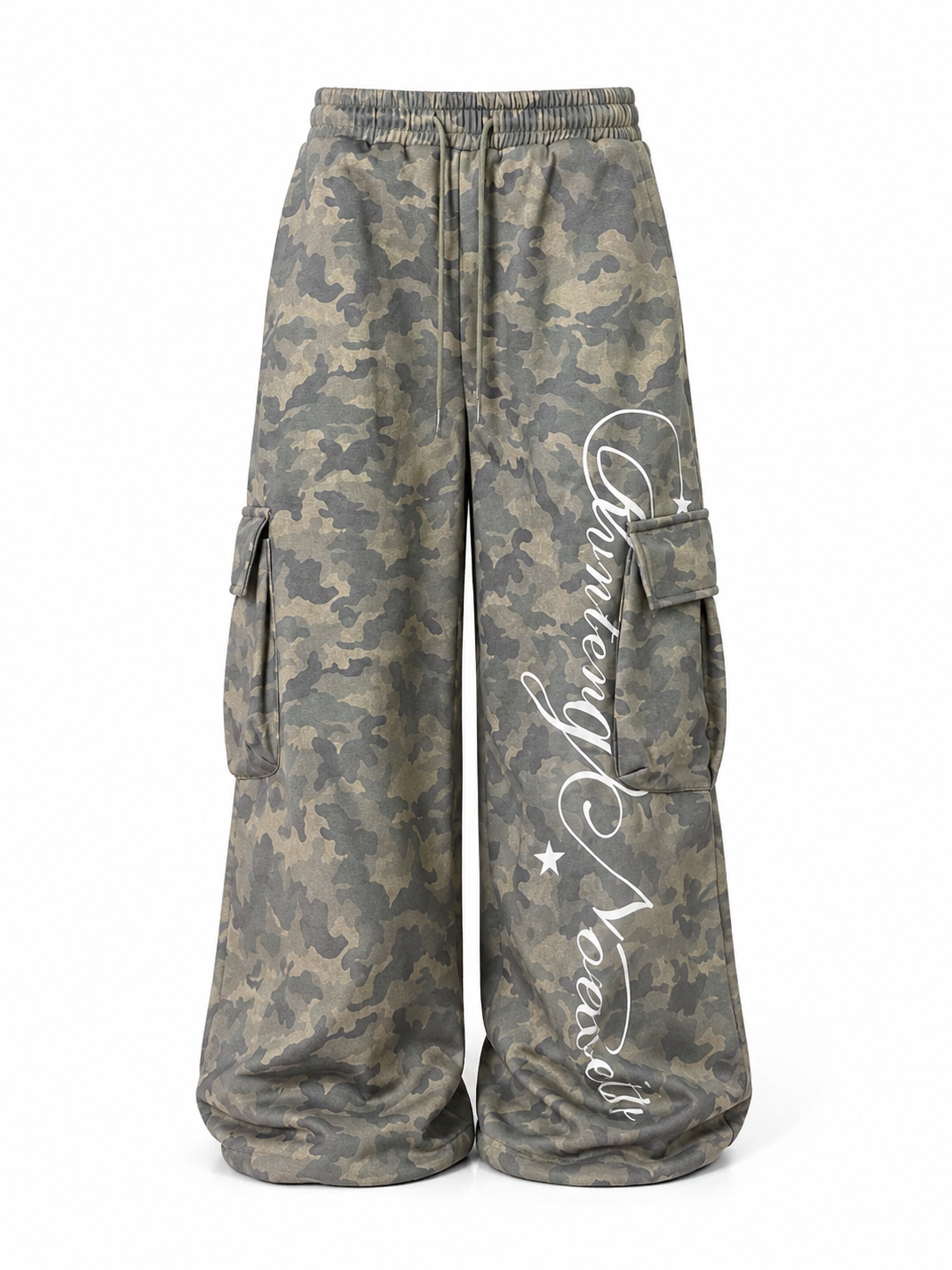 Faded olive camo graphic sweatpants alternate front view