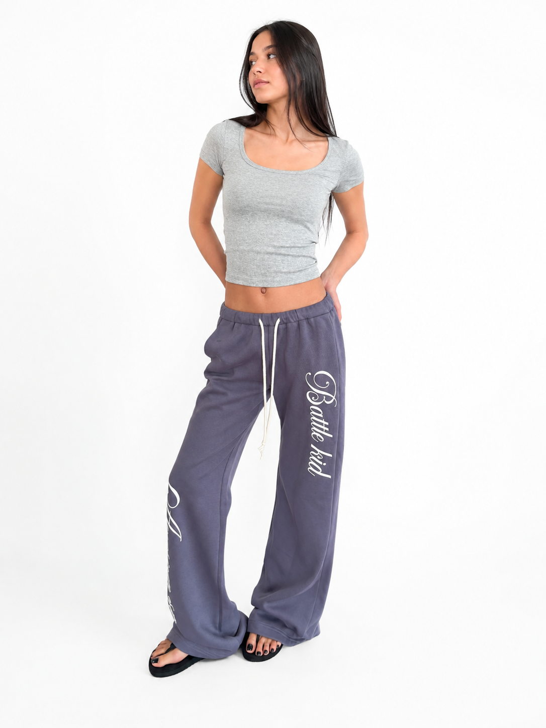 Ace Jolun slate gray graphic wide-leg sweatpants front view