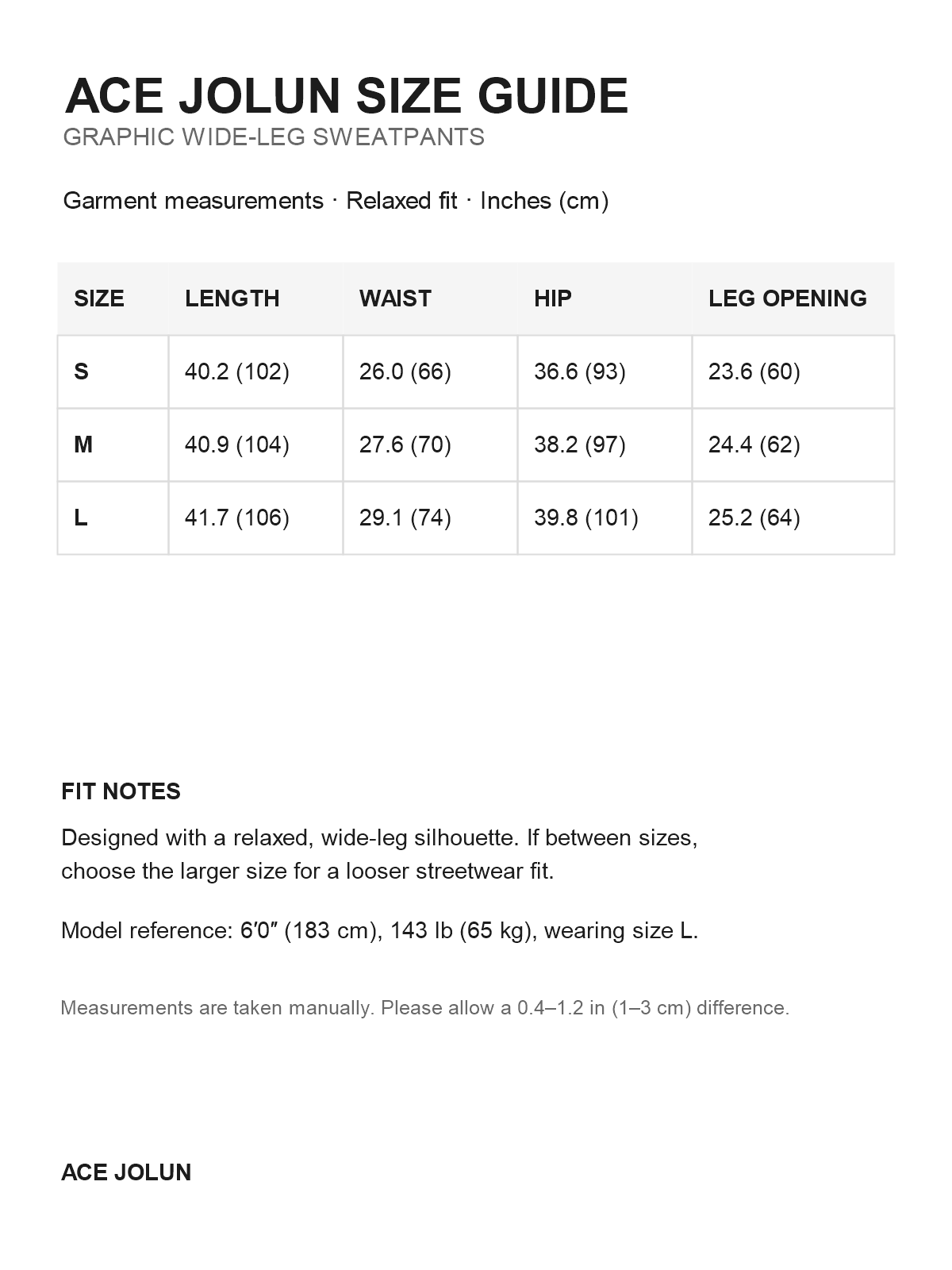 Ace Jolun graphic wide-leg sweatpants size guide
