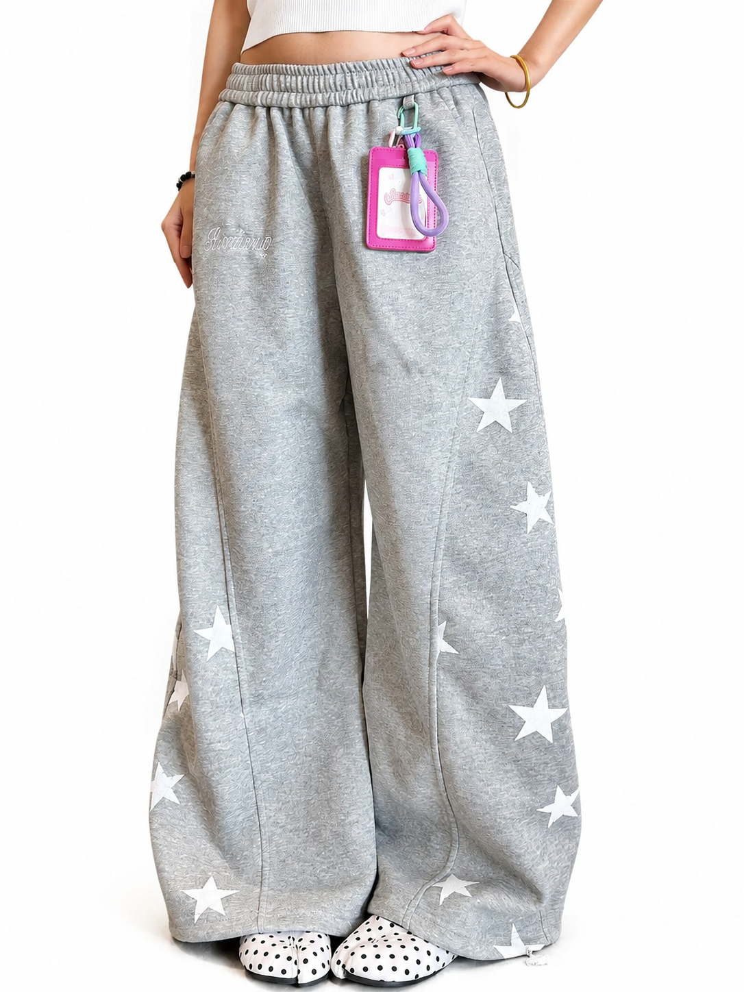 Ace Jolun heather gray star graphic wide-leg sweatpants