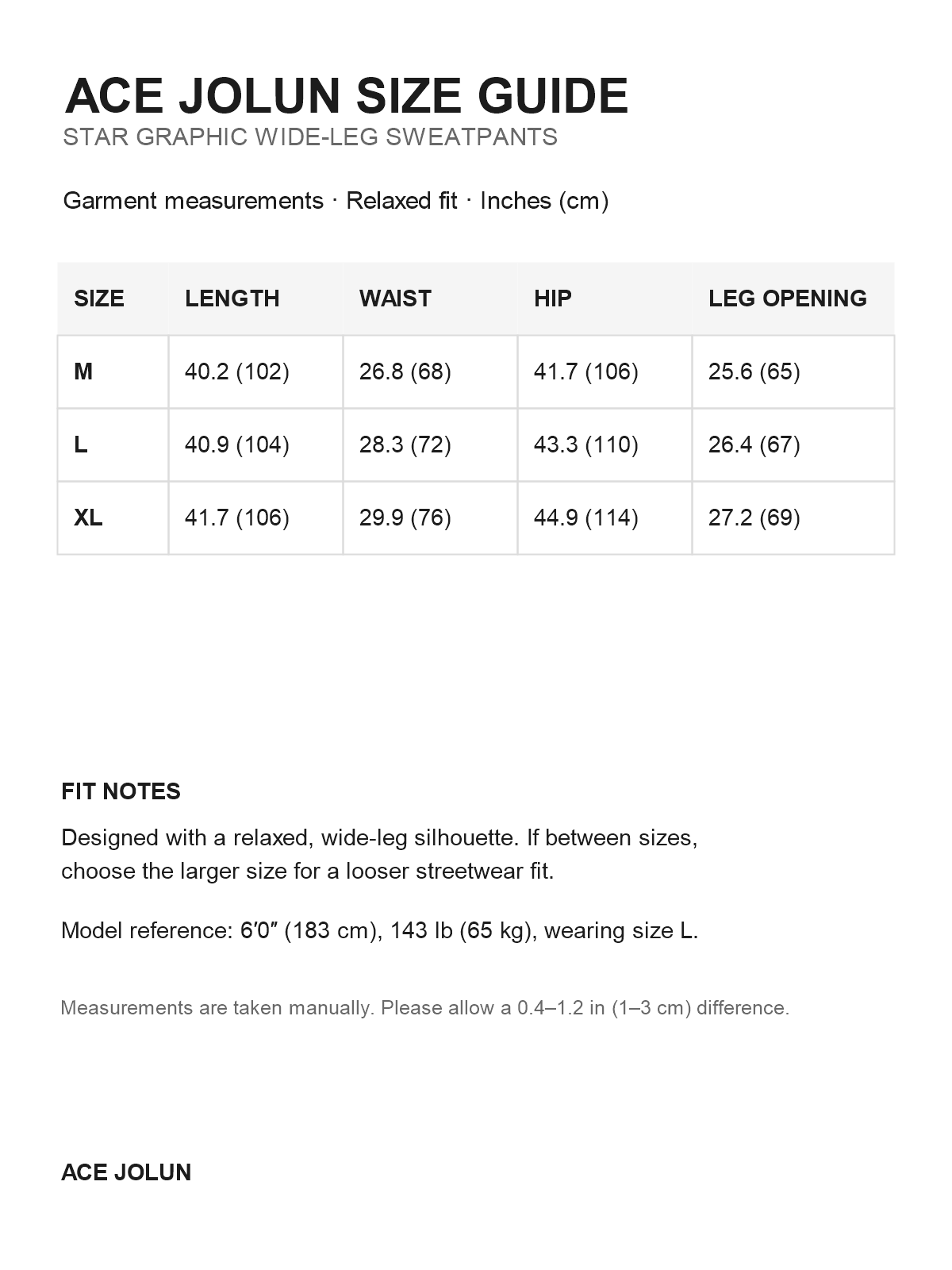 Ace Jolun star graphic sweatpants size guide