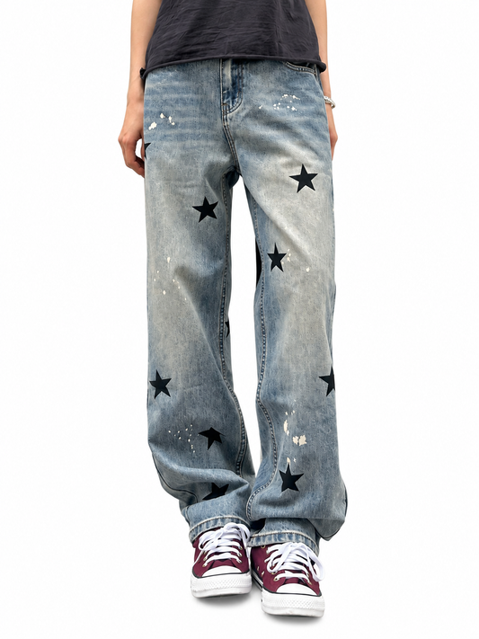 Star Print Washed Straight-Leg Jeans product image