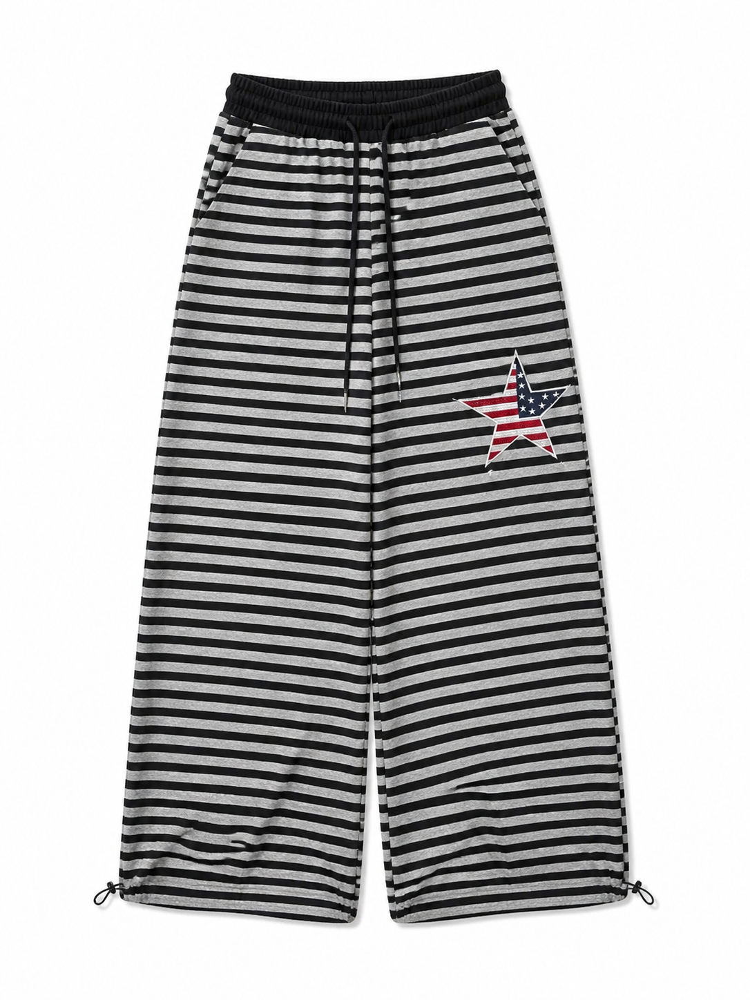 Black gray stripe star ultra-wide-leg sweatpants front view