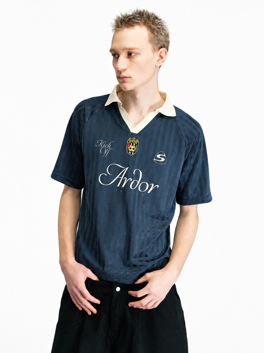 Ace Jolun navy striped soccer polo jersey close front view