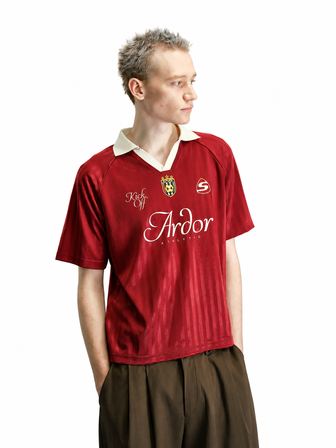 Ace Jolun burgundy striped soccer polo jersey side view