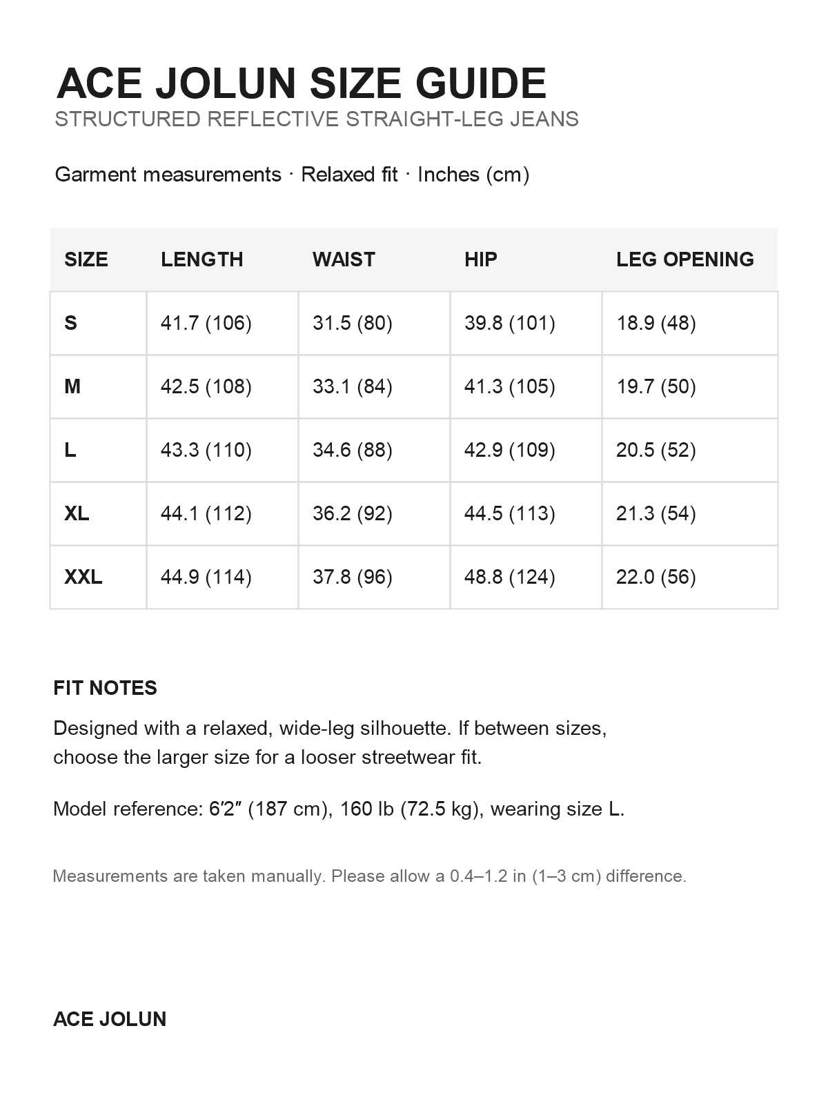 Ace Jolun structured reflective jeans US size guide