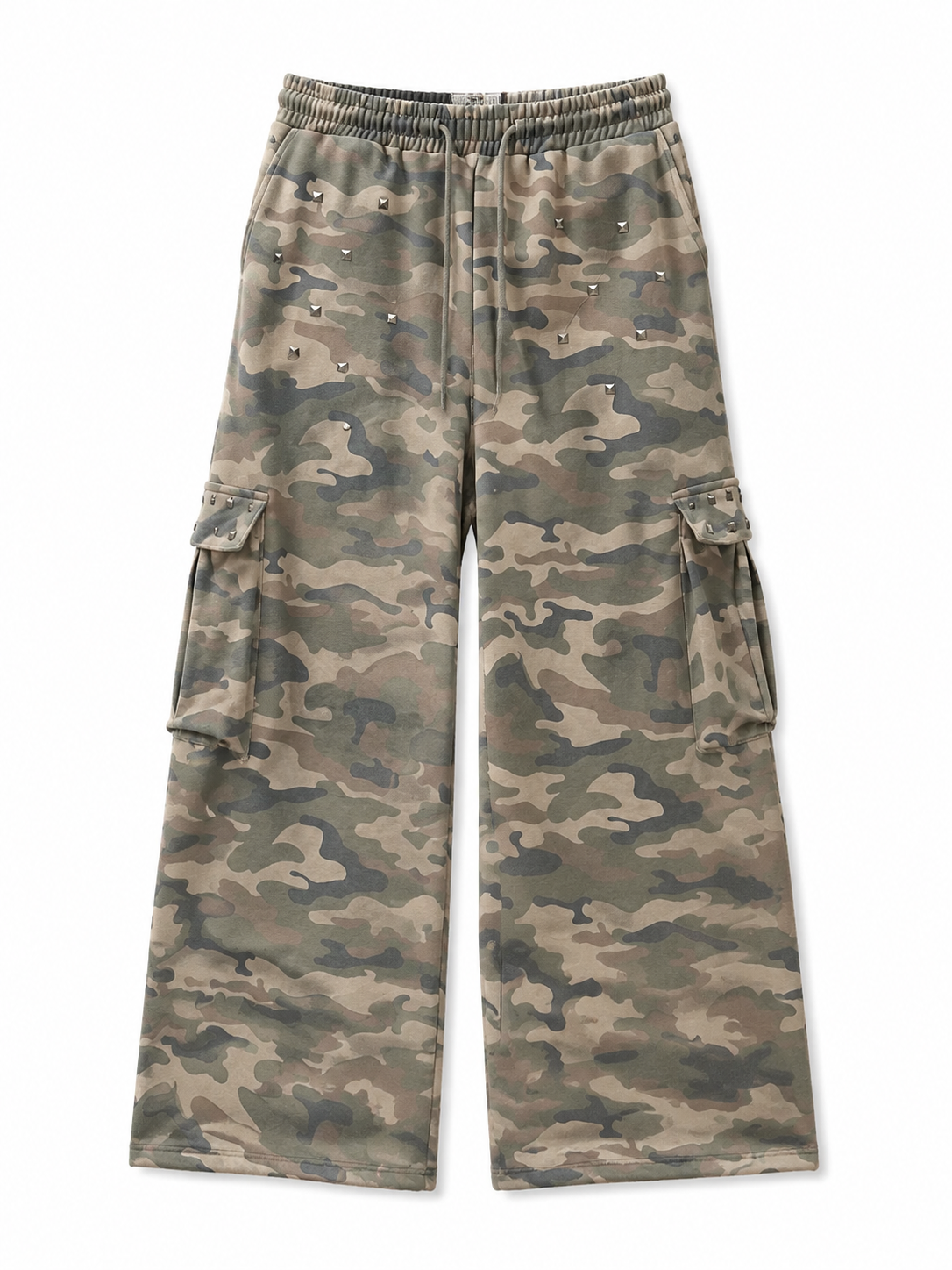 Olive camo studded wide-leg cargo sweatpants front view
