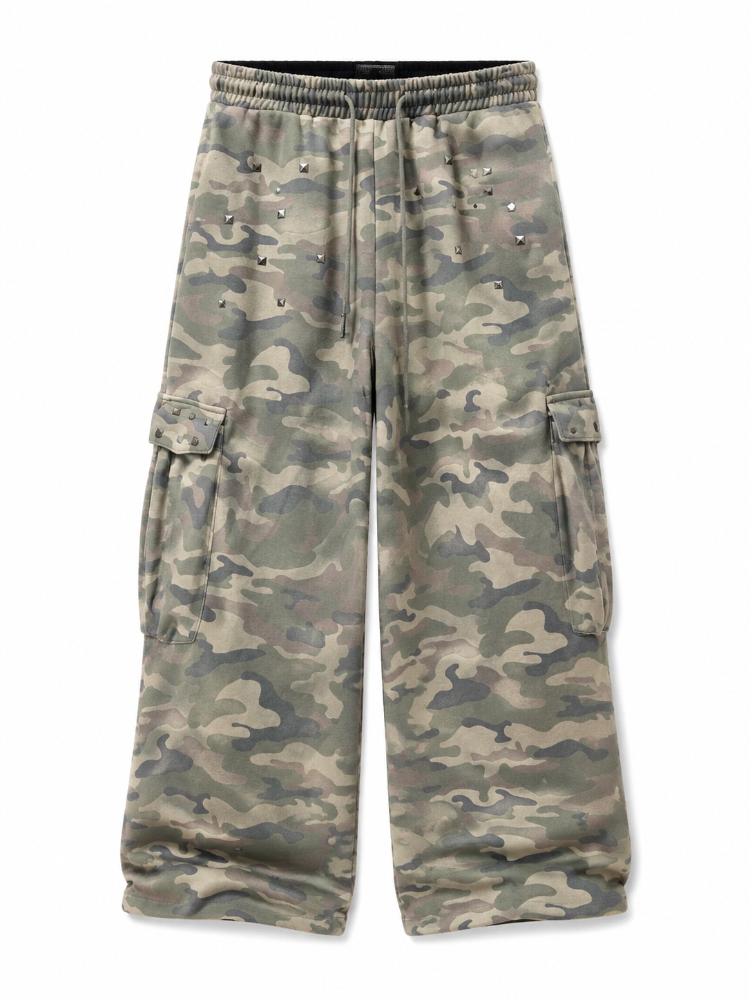 Olive camo studded cargo sweatpants angled view