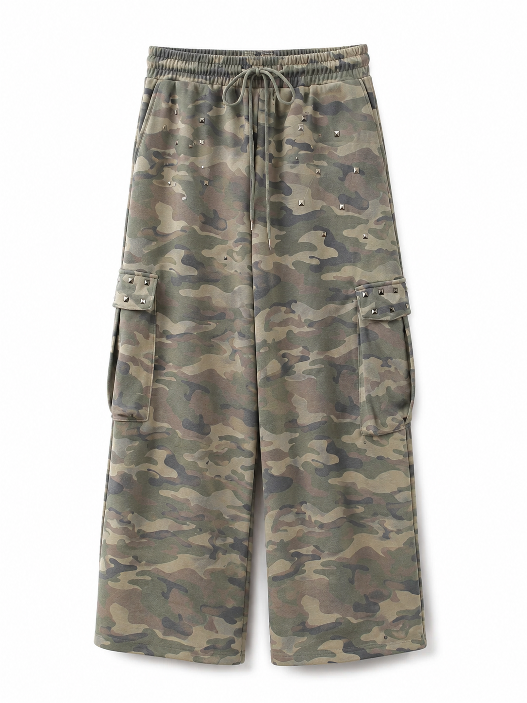 Olive camo studded wide-leg cargo sweatpants full view