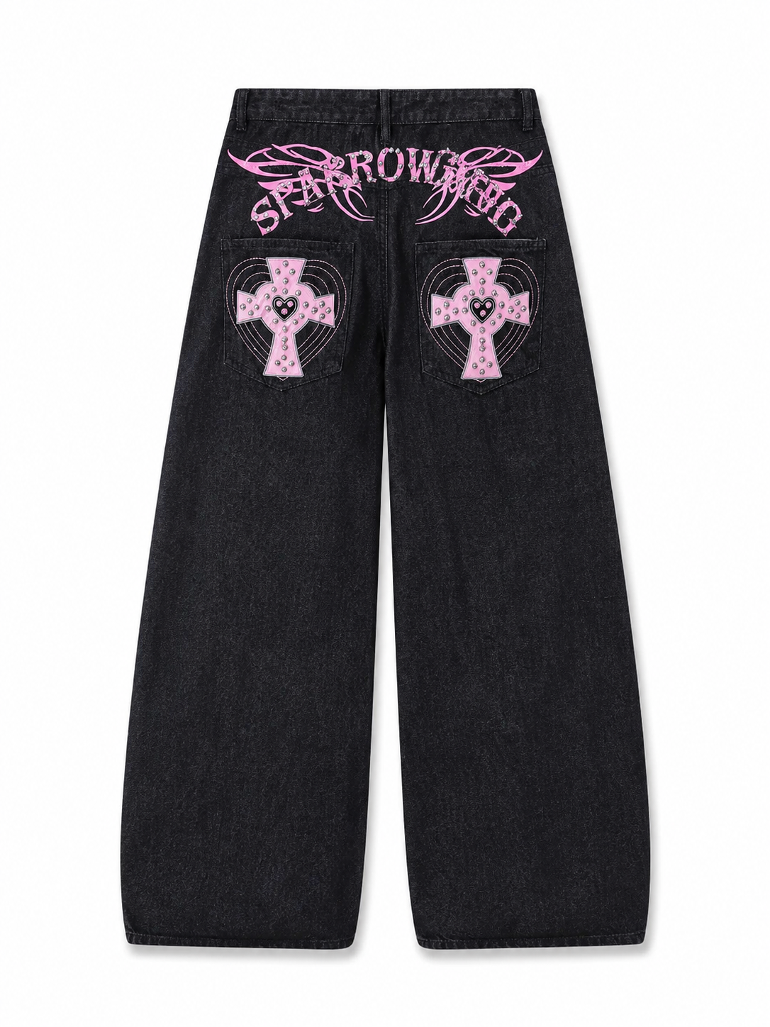 Black jeans with pink studded cross back detail