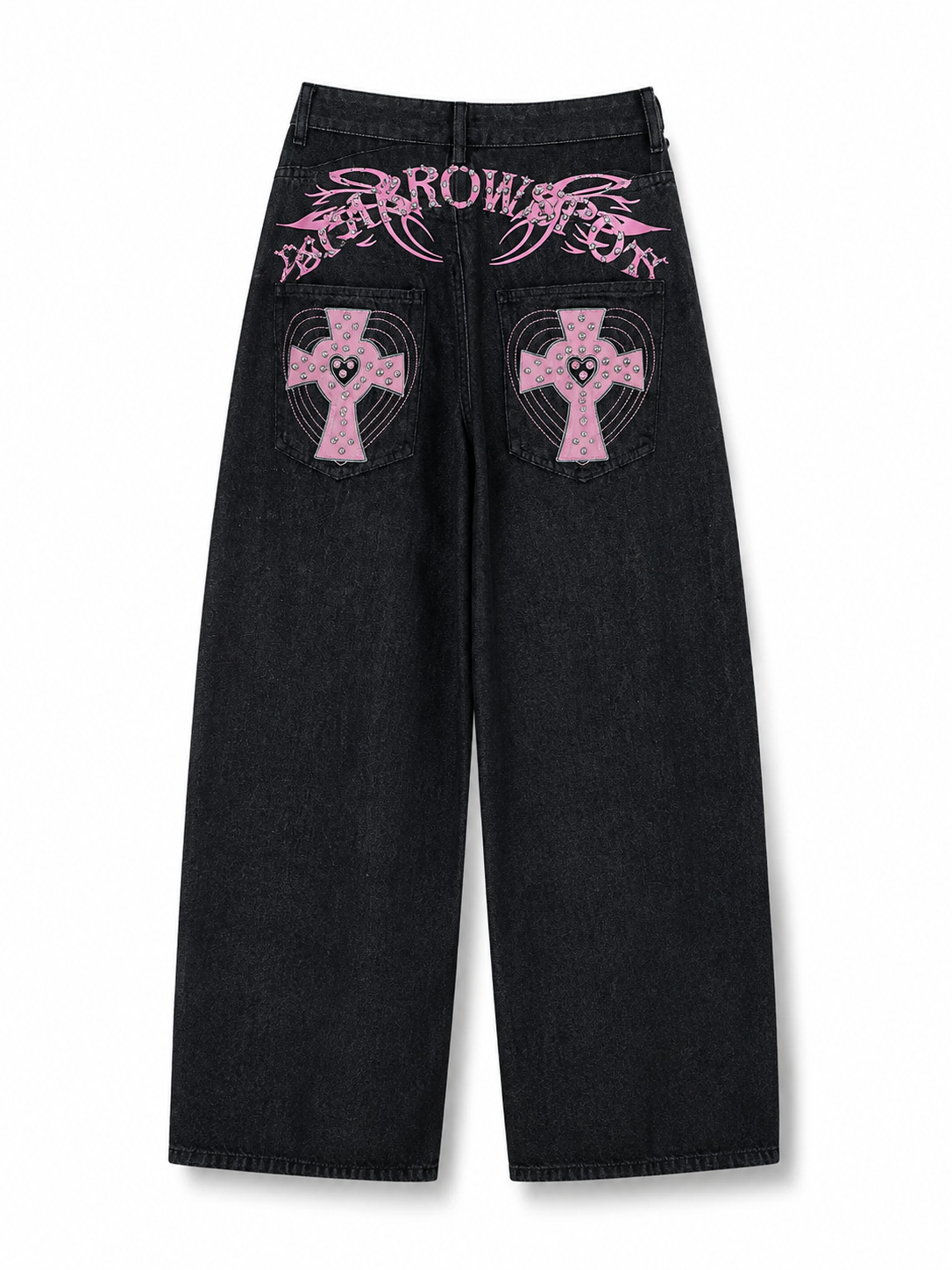 Black jeans straight back view with pink crosses