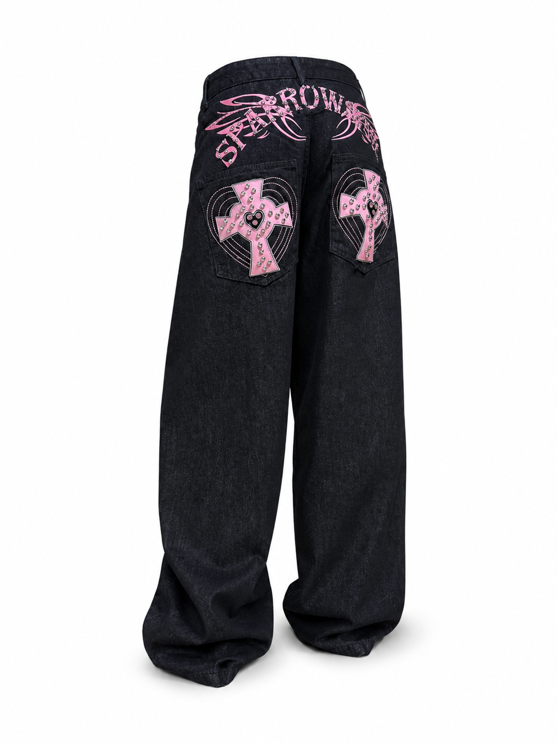 Black studded cross jeans angled back view