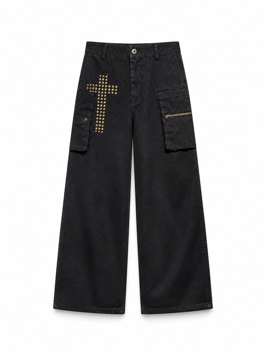 Black studded cross wide-leg cargo pants front view