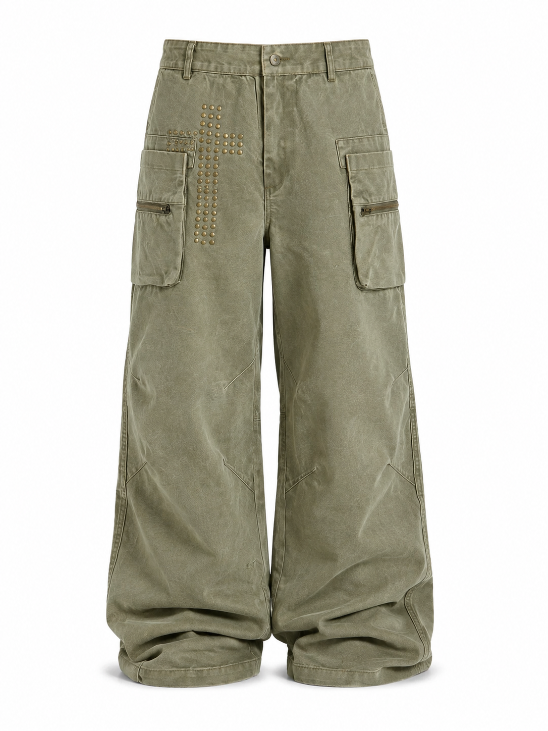 Olive green studded cross cargo pants front view