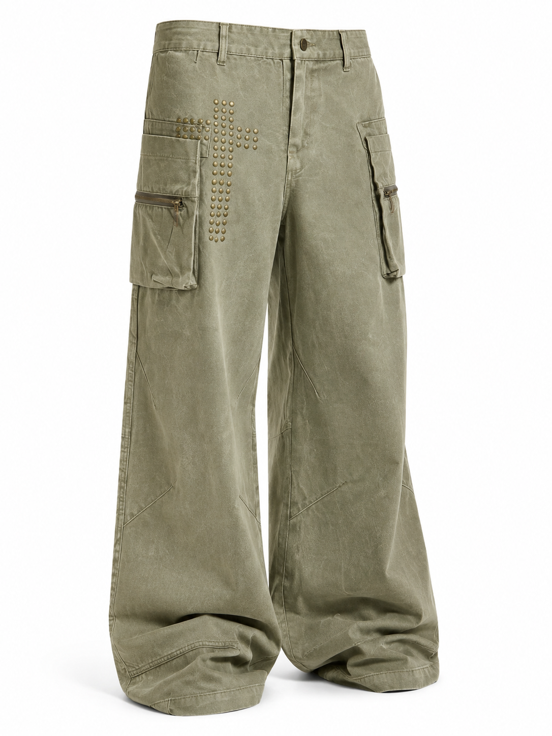 Olive green cargo pants angled view