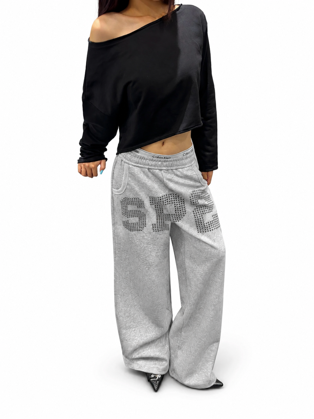 Ace Jolun heather gray studded-letter sweatpants angled view