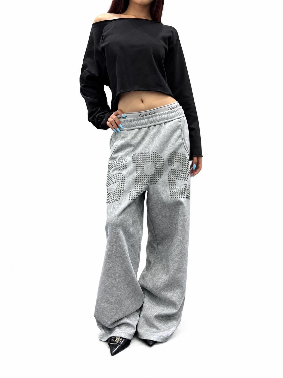 Ace Jolun heather gray studded-letter sweatpants front view