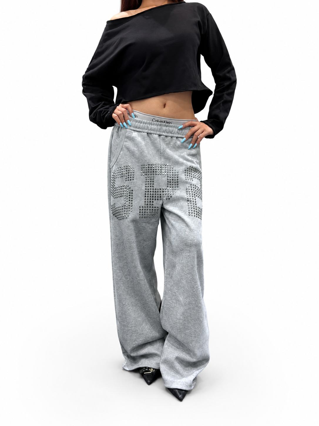 Ace Jolun heather gray studded-letter sweatpants alternate front view