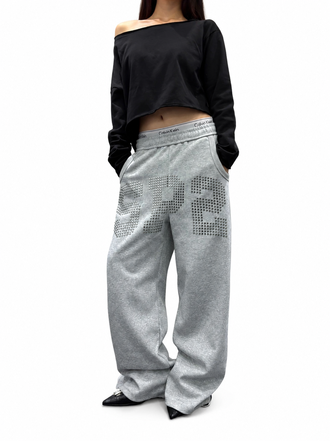 Ace Jolun heather gray studded-letter sweatpants full view