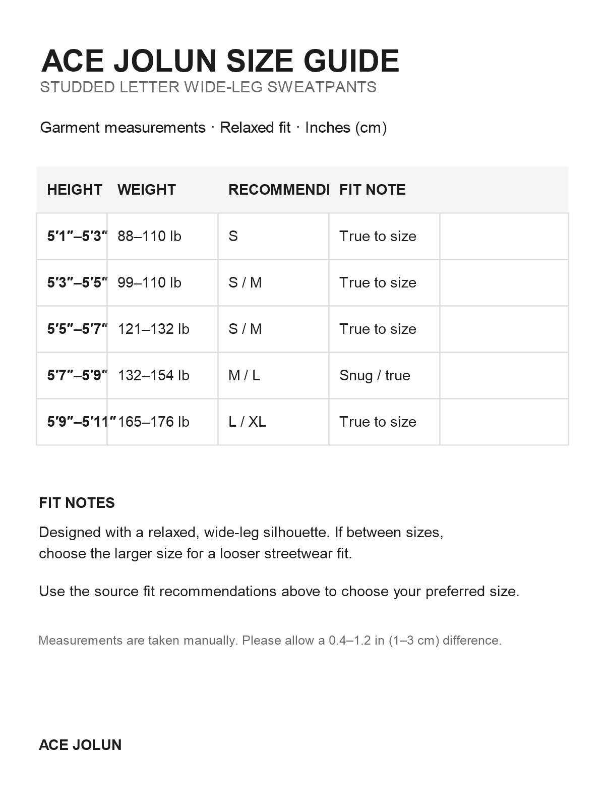 Ace Jolun studded-letter sweatpants US fit guide
