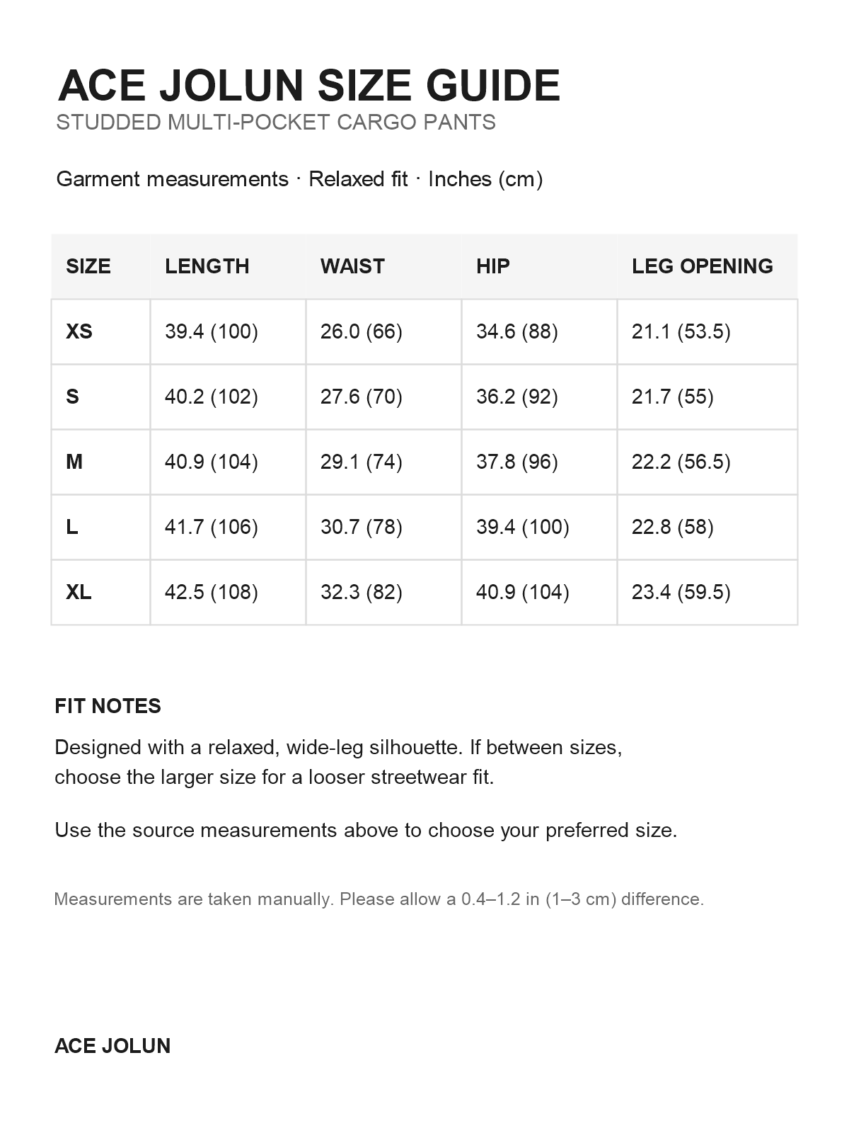 Ace Jolun studded multi-pocket cargo pants size guide