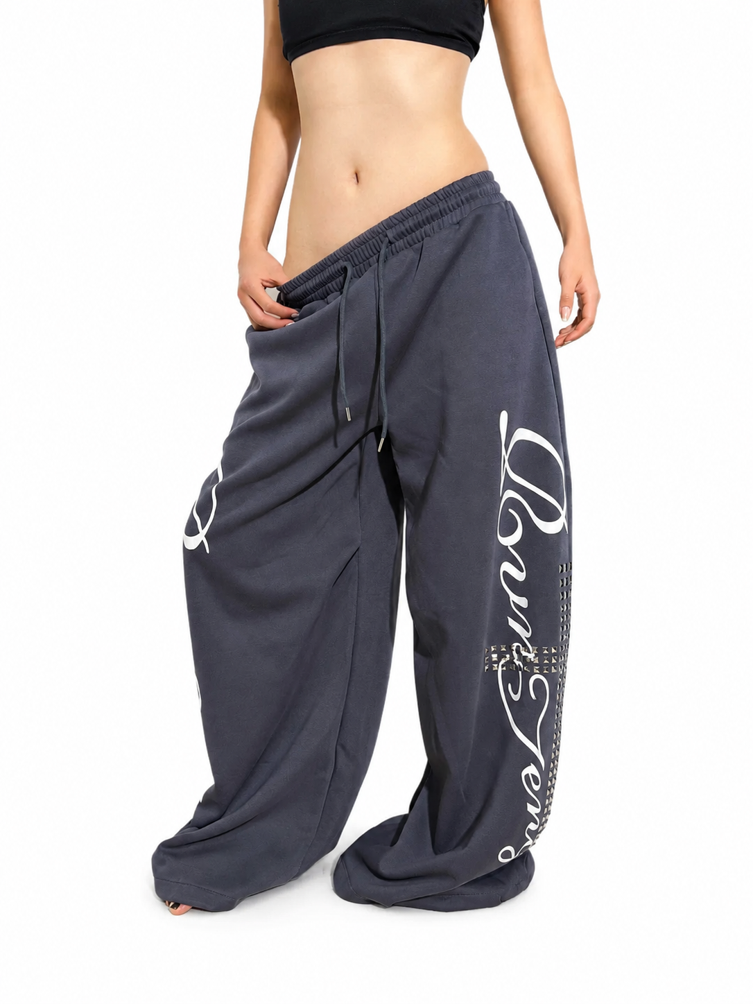 Charcoal studded script ultra-wide-leg sweatpants