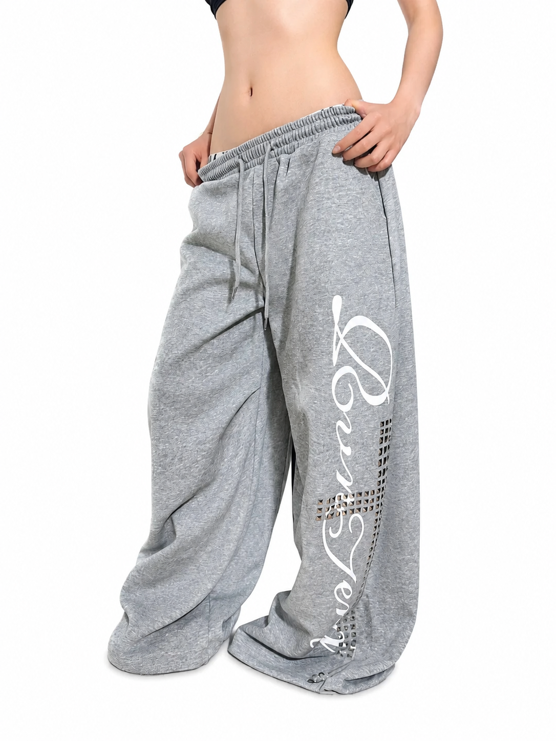 Heather gray studded script ultra-wide-leg sweatpants