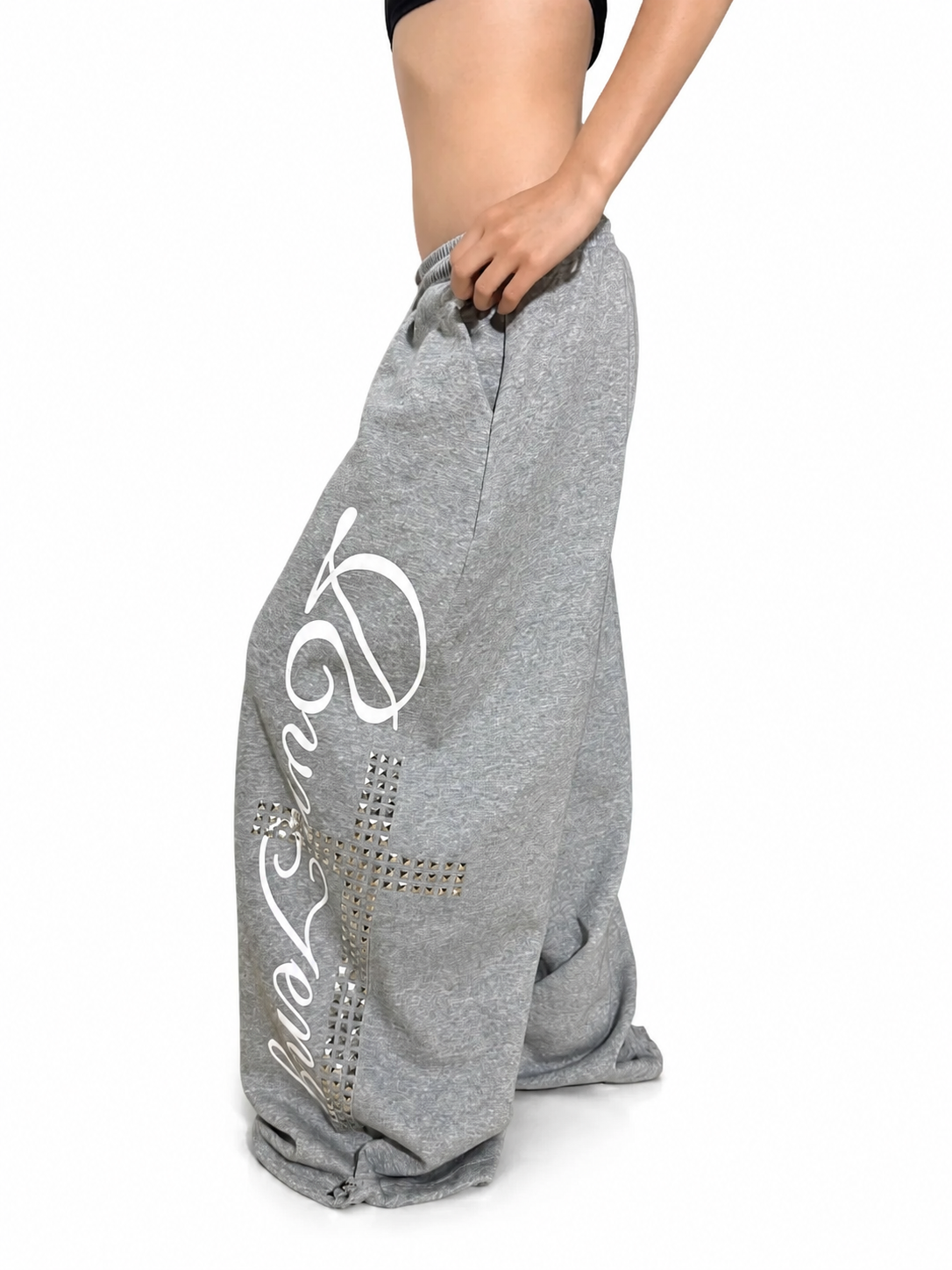 Heather gray graphic sweatpants side view