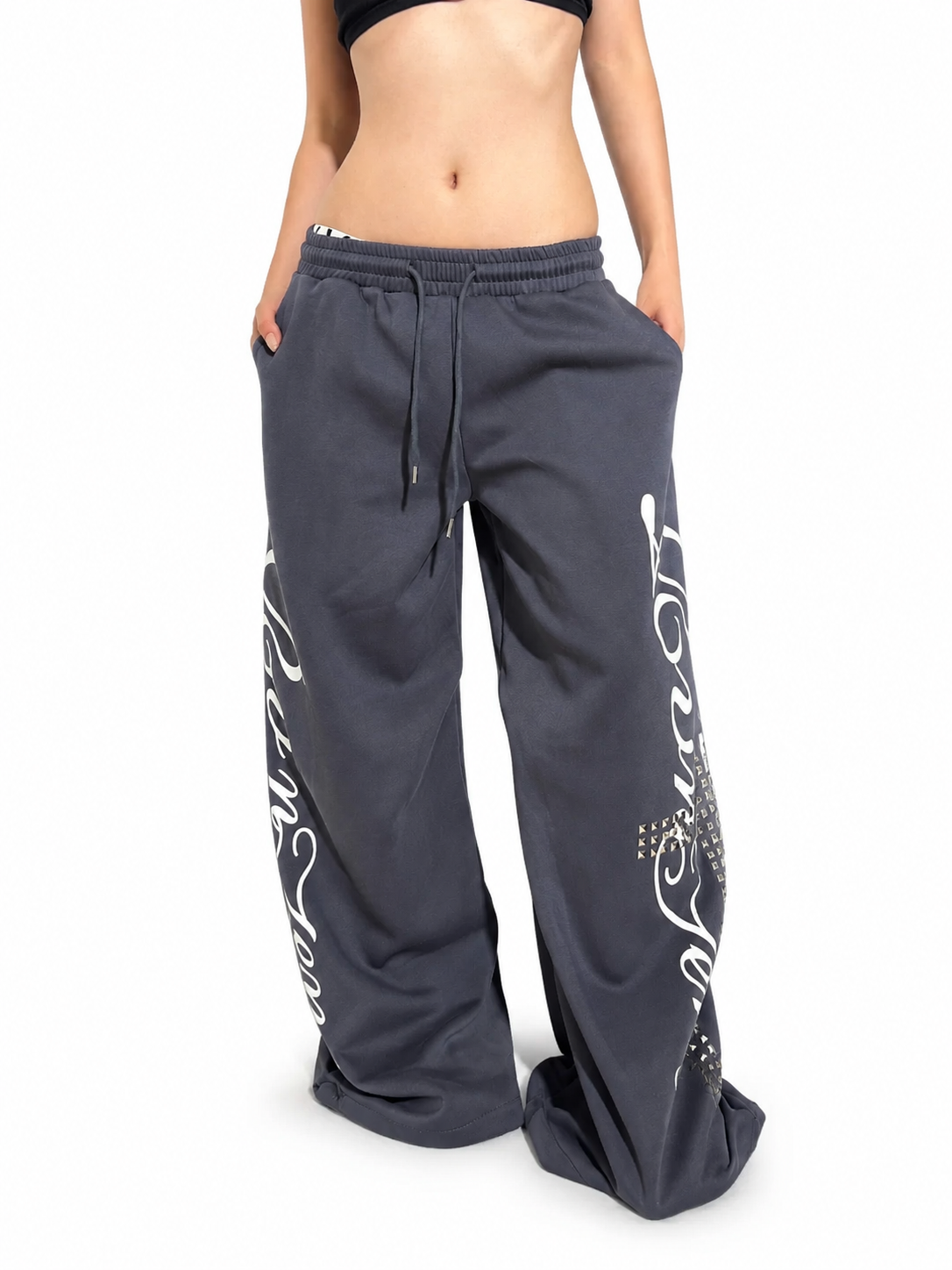 Charcoal graphic sweatpants front view