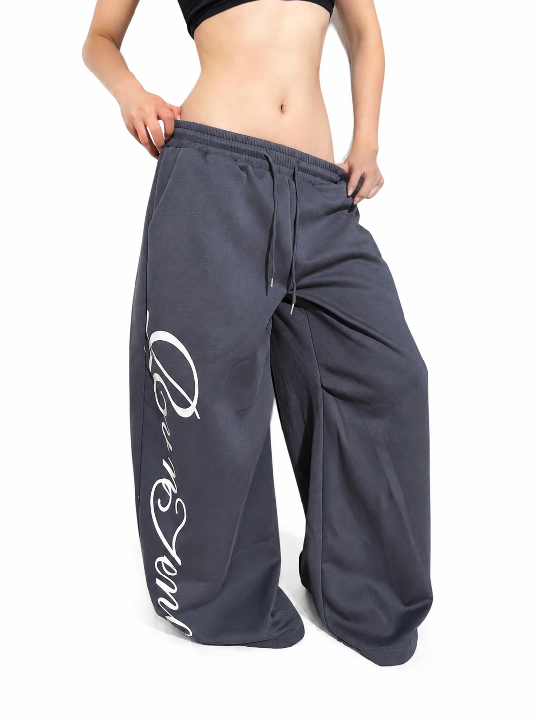Charcoal graphic sweatpants angled view