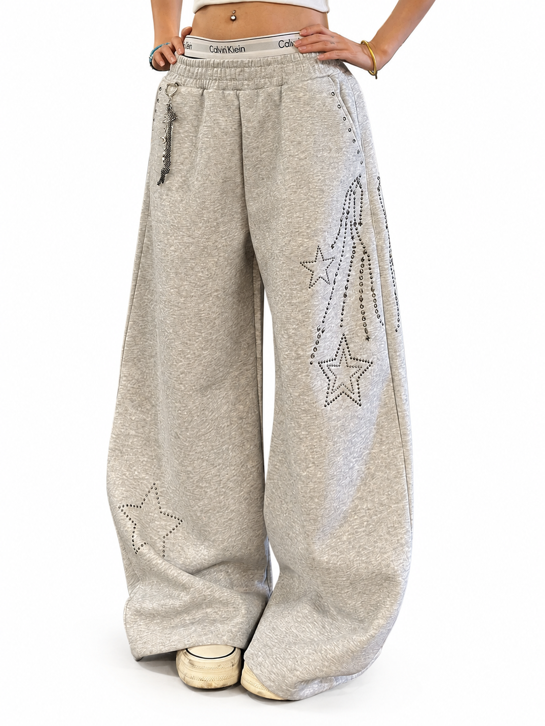 Ace Jolun heather gray studded star sweatpants front view